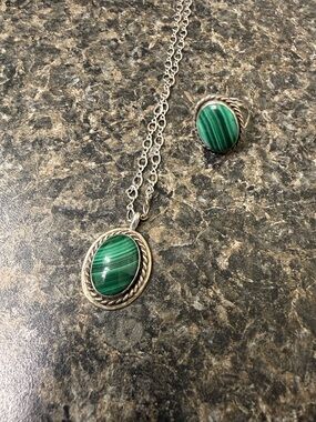 Green Malachite Oval Pendant Necklace with Matching Ring - Sterling Silver